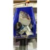 Image 1 : TOTE OF TOOLS INCLUDING BOX OF NEW SAFETY GLASSES, EVERBILT HEAVY DUTY STEEL HOOKS, LIGHT TRUCK MULT