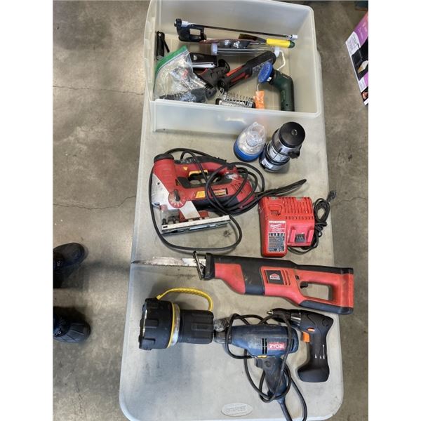 TOTE OF TOOLS INCLUDING JOBMATE RECIPROCATING SAW RYOBI DRILL ETC. WORKING