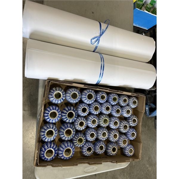 2 ROLLS CONSTRUCTION PAPER AND TRAY OF PORCELAIN BLUE VASES