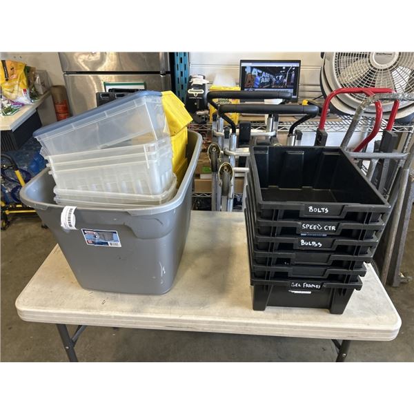ASSORTED PARTS BINS AND STORAGE BINS, TOTES