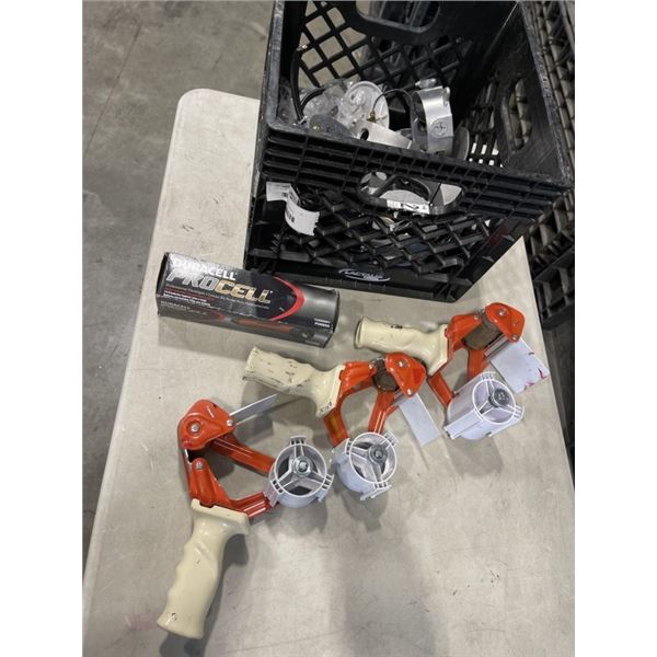 CRATE OF TAPE GUNS, ELECTRICAL JUNCTION BOXES AND DURACELL PROCELL FLASHLIGHT