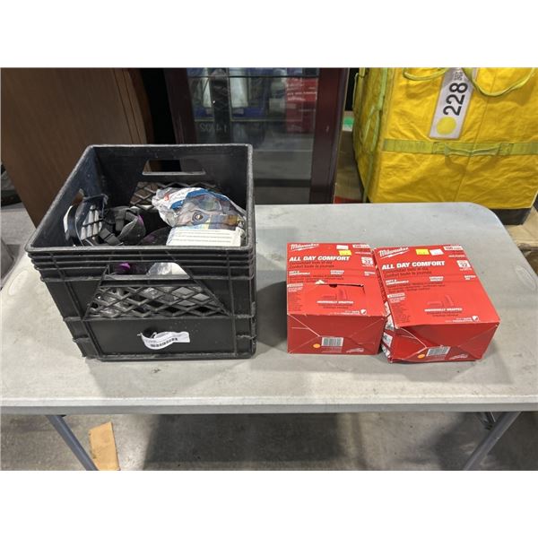 CRATE OF RESPIRATORS, HARD HAT, AND EAR PROTECTION