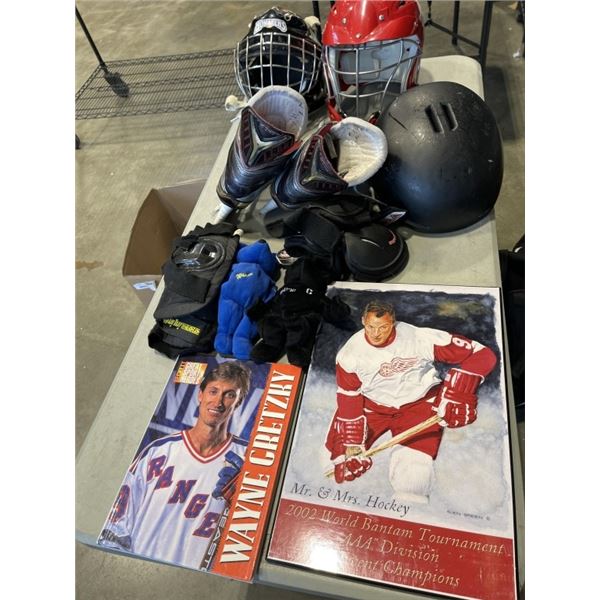 BOX OF SPORTING GOODS INCLUDING CALGAR FLAMES CHAMPIONSHIP RING, 2 WAYNE GRETZKY SALVINO BAMMERS TED