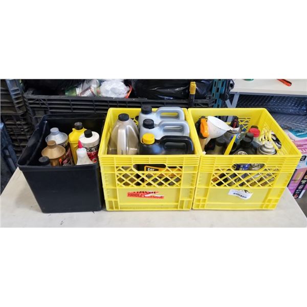 2 MILK CRATES OF CAR FLUIDS, WD 40 ETC