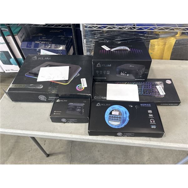 KLIM ITEMS INCLUDING TURBOFROST LAPTOP COOLER, BOOMBOX, CHROMA KEYBOARD, PORTABLE CD PLAYER, AND POR