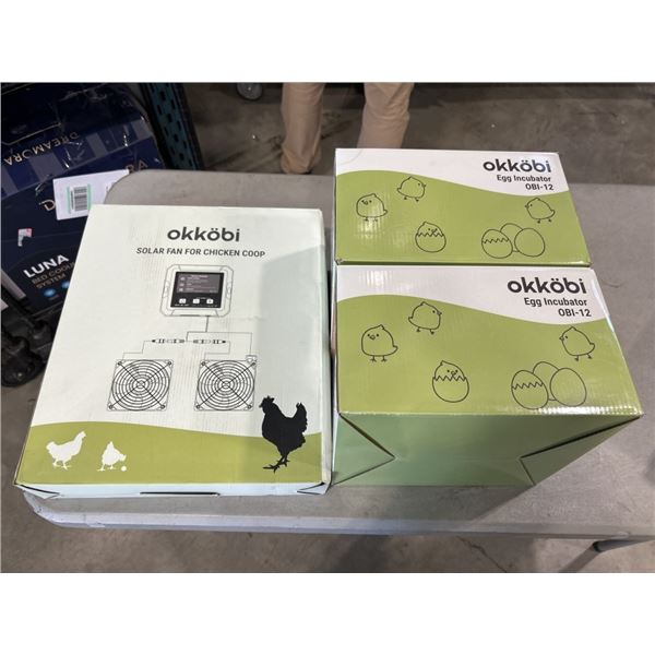 2 OKKOBI OBI 12 EGG INCUBATORS MODEL, AND OKKOBI SOLAR FAN FOR CHICKEN COOP