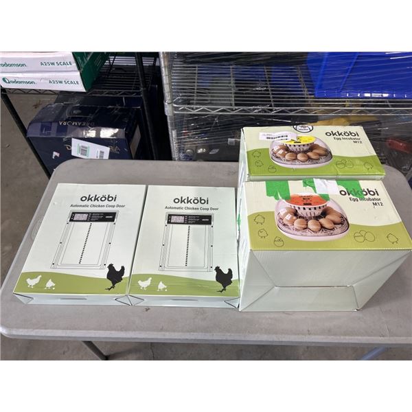 2 OKKOBI M12 EGG INCUBATORS AND 2 OKKOBI AUTOMATIC CHICKEN COOP DOORS