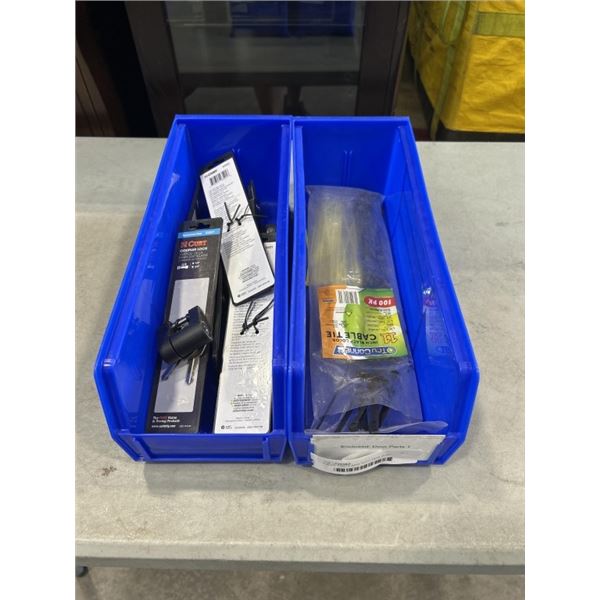 2 BLUE PARTS BINS WITH NEW CURT COUPLER LOCKS AND ZAP STRAPS