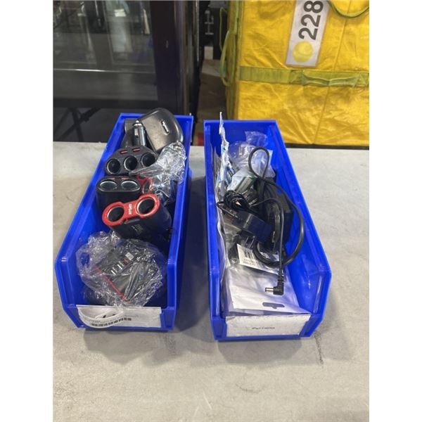2 BLUE ULINE PARTS BINS WITH ASSORTED 12V CIGARETTE LIGTHER CHARGERS AND SPLITTERS ETC