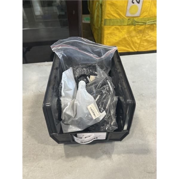 BLACK ULINE PARTS BIN WITH ASSORTED NEW CARABINER CLIPS