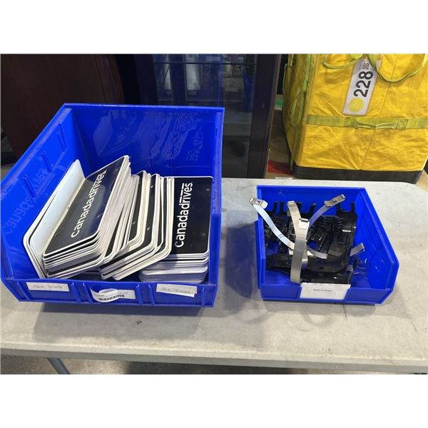 2 ULINE BLUE PARTS BINS WITH NEW FIRE EXTINGUISHER WALL MOUNTS AND BRNADED LICENSE PLATE COVERS