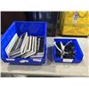 Image 1 : 2 ULINE BLUE PARTS BINS WITH NEW FIRE EXTINGUISHER WALL MOUNTS AND BRNADED LICENSE PLATE COVERS