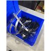 Image 2 : 2 ULINE BLUE PARTS BINS WITH NEW FIRE EXTINGUISHER WALL MOUNTS AND BRNADED LICENSE PLATE COVERS