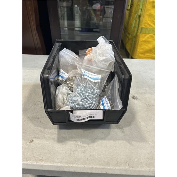 BLACK ULINE PARTS BIN WITH ASSORTED NEW STAINLESS HARDWARE