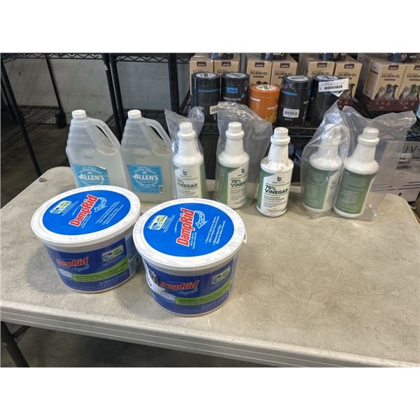 2 BUCKETS DAMPRID MOISTURE ABSORBER AND 7 BOTTLES OF VINEGAR