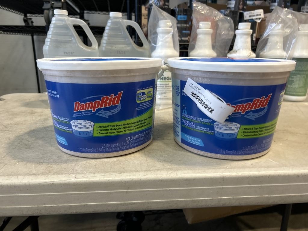2 BUCKETS DAMPRID MOISTURE ABSORBER AND 7 BOTTLES OF VINEGAR