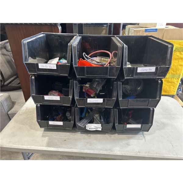 9 BLACK ULINE PARTS BINS WITH ASSORTED OFFICE AND SHOP SUPPLIES