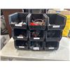 Image 1 : 9 BLACK ULINE PARTS BINS WITH ASSORTED OFFICE AND SHOP SUPPLIES