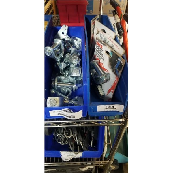 2 BLUE ULINE PARTS BIN WITH NEW E TRACK ROLLER IDLER FITTING ASSEMBLIES