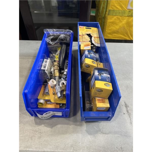 2 BLUE ULINE PARTS BINS WITH ASSORTED AUTOMOTIVE BULBS AND HEADLIGHTS AND AIR HOSE FITTINGS