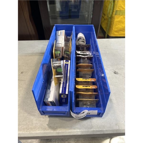 2 BLUE ULINE PARTS BINS WITH ASSORTED AUTOMOTIVE BULBS AND HEADLIGHTS