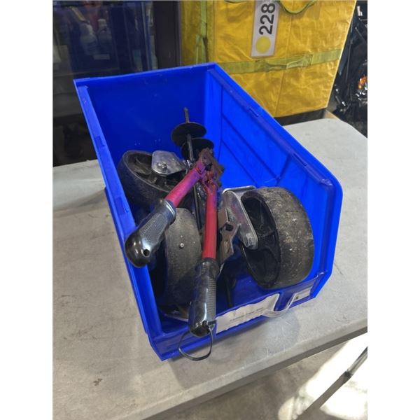 BLUE ULINE PARTS BIN WITH 3 SCAFFOLD WHEELS, BOLT CUTTERS ETC