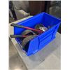 Image 2 : BLUE ULINE PARTS BIN WITH 3 SCAFFOLD WHEELS, BOLT CUTTERS ETC