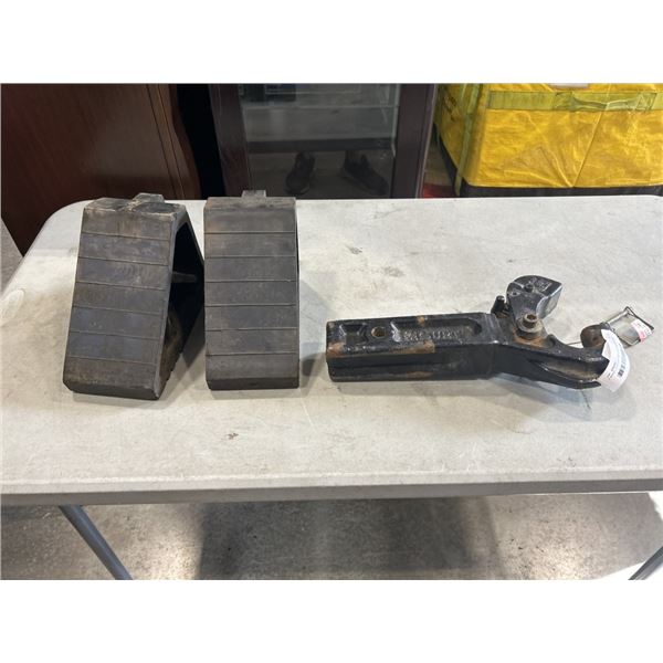 2 WHEEL CHOCKS AND CURT PINTLE HOOK HITCH