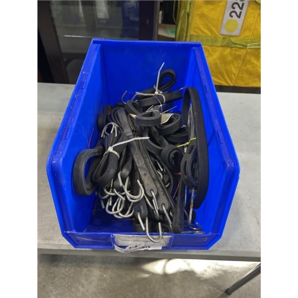 BLUE ULINE PARTS BIN OF ASORTED NEW BUNGEE CORDS AND STRAPS