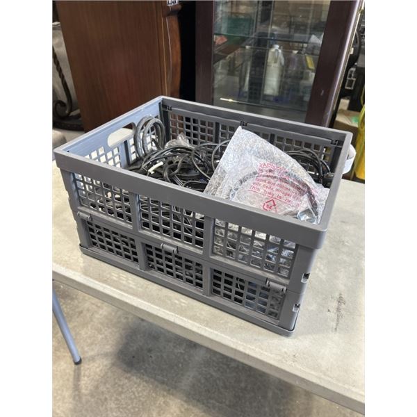 CRATE OF ASSORTED COMPUTER AND ELECTRONIC POWER CABLES AND ADAPTORS INLCUDING DELL LAPTOP CHARGERS