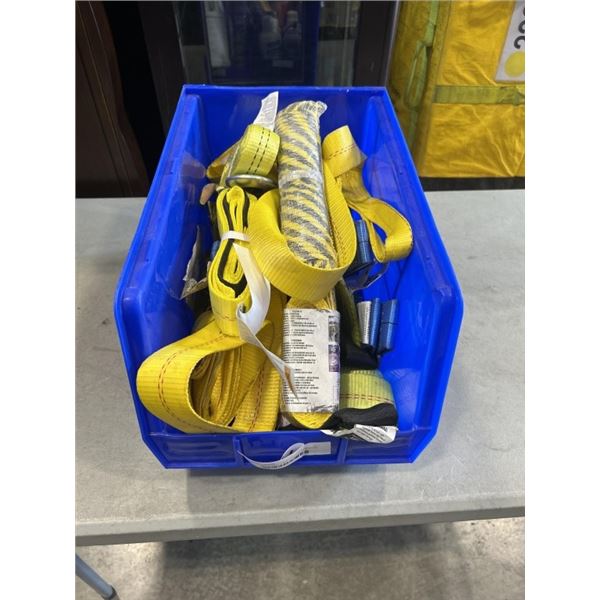 BLUE ULINE PARTS BIN FULL OF ASSORTED NEW AND AS NEW WINCH STRAPS AND TIE DOWNS ETC