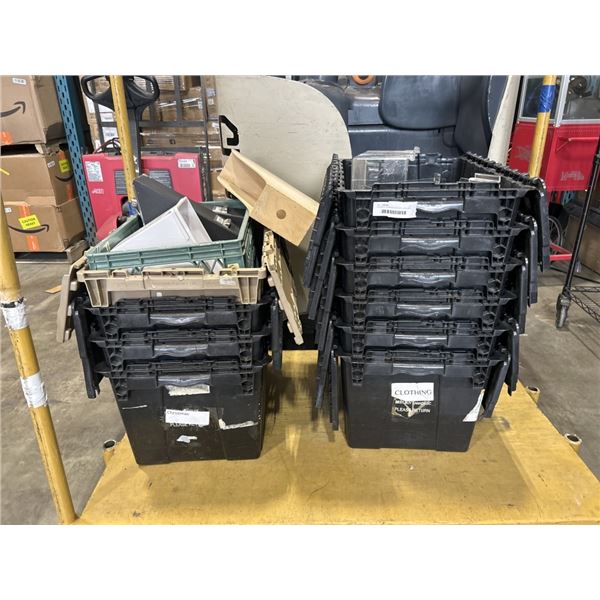 10 PLASTIC STORAGE BINS WITH LIDS, MILK CRATE AND BIN DIVIDERS