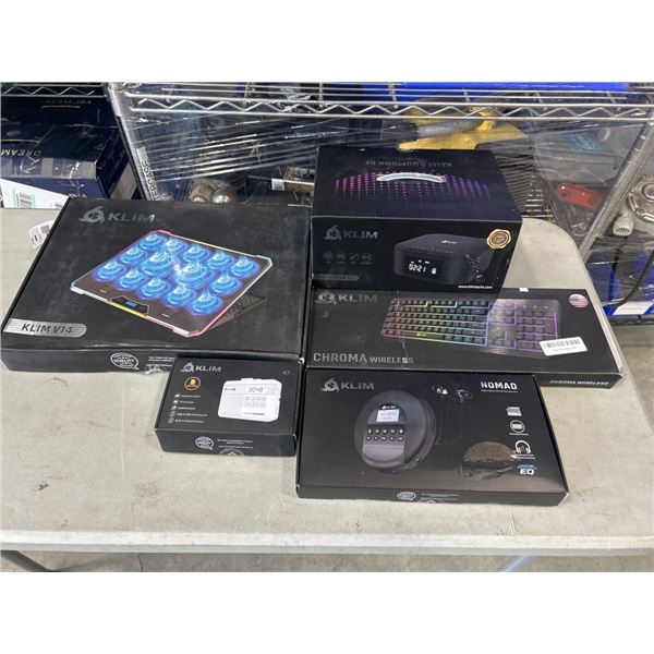 KLIM ITEMS INCLUDING V14 LAPTOP COOLER, BOOMBOX, CHROMA KEYBOARD, PORTABLE CD PLAYER, AND PORTABLE C