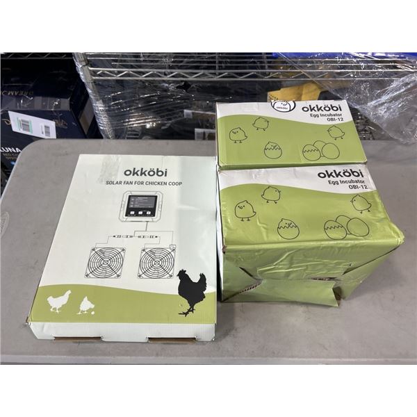 2 OKKOBI EGG INCUBATORS MODEL OBI12, AND OKKOBI SOLAR FAN FOR CHICKEN COOP