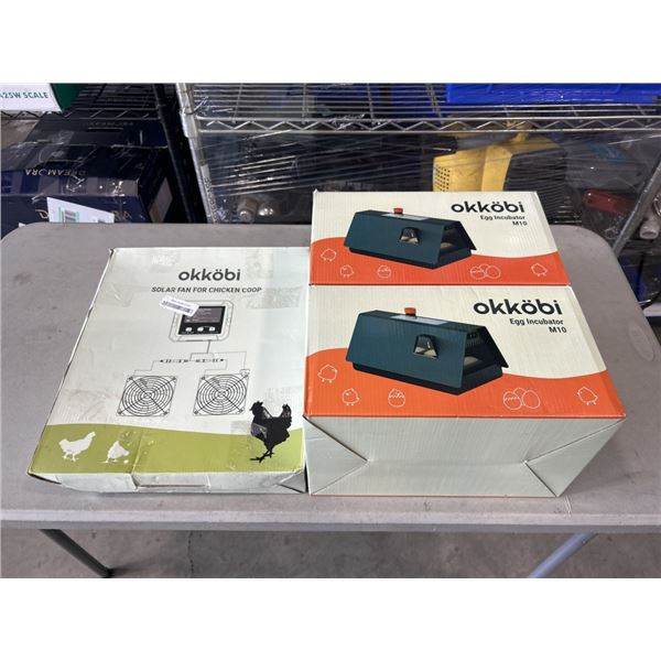 2 OKKOBI M10 EGG INCUBATORS AND OKKOBI SOLAR FAN FOR CHICKEN COOP