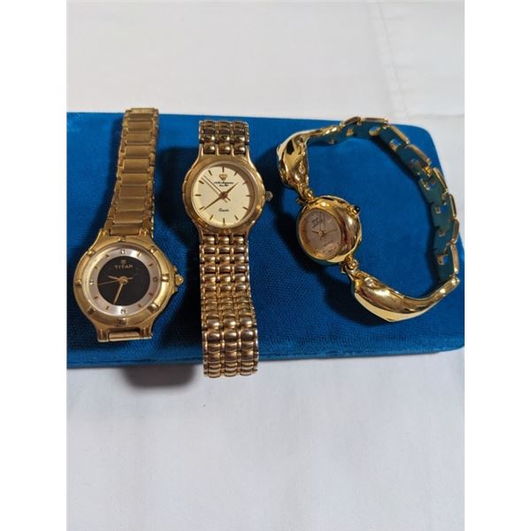 3 GOLD PLATED LADIES QUARTZ WATCHES - TITAN, ILONA + JULES, JURGENSON - BATTERIES REQUIRED