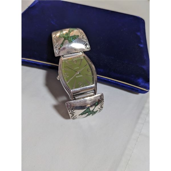 1970S NATIVE AMERICAN STERLING SILVER W/ TURQUOISE INLAY WATCH BRACELET, MARKED K, HAND ENGRAVED "TO