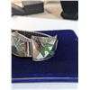 Image 2 : 1970S NATIVE AMERICAN STERLING SILVER W/ TURQUOISE INLAY WATCH BRACELET, MARKED K, HAND ENGRAVED "TO