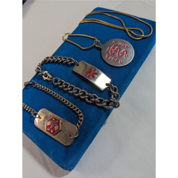 MEDIC ALERT PENDANT W/ CHAIN NECKLACE AND 2 BRACELETS