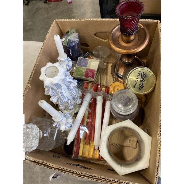 COLLECTION OF CANDLES AND MASON JAR, CRYSTAL DECANTER ETC
