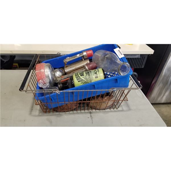 CRATE OF VINTAGE IRONS, BOTTLES AND MORE