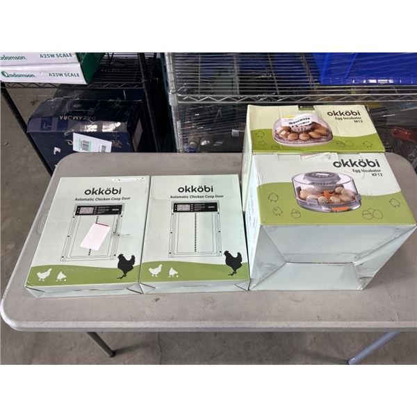 2 OKKOBI EGG INCUBATORS MODELS M12 & KF12, AND 2 OKKOBI AUTOMATIC CHICKEN COOP DOORS