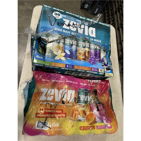 30 PACK AND 24 PACKS ZEVIA VARIETY PACKS. SEVERAL CANS ARE MISSING