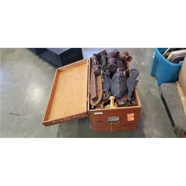 ANTIQUE TRUNK WITH APPROX 40 CARVED WOODEN ORNAMENTS