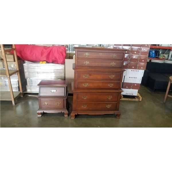 ROXTN MAHOGANY 6 DRAWER HIGHBOY DRESSER WITH BRASS HARDWARE & MATCHING NIGHTSTAND
