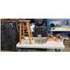 Image 1 : PAIR OF MULE COPPER MUGS IN BLACK WIRE STORAGE BASKET AND WOODEN STOOL