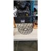 Image 2 : PAIR OF MULE COPPER MUGS IN BLACK WIRE STORAGE BASKET AND WOODEN STOOL