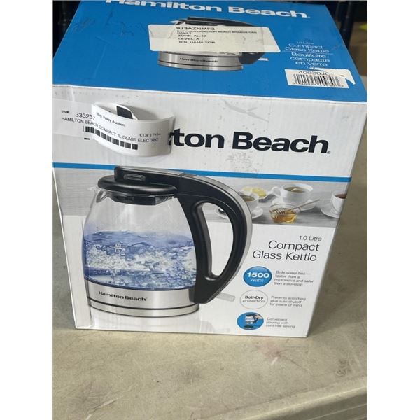 HAMILTON BEACH COMPACT 1L GLASS ELECTRIC KETTLE - TESTED WORKING
