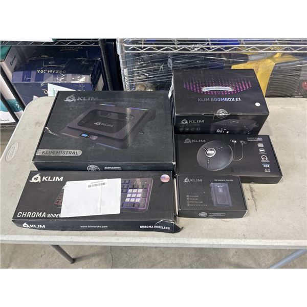 KLIM ITEMS INCLUDING MISTRAL LAPTOP COOLER, BOOMBOX, CHROMA KEYBOARD, PORTABLE CD PLAYER, AND PORTAB