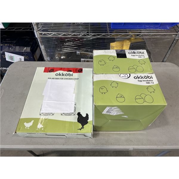 2 OKKOBI EGG INCUBATORS MODEL OBI12, AND OKKOBI SOLAR FAN FOR CHICKEN COOP